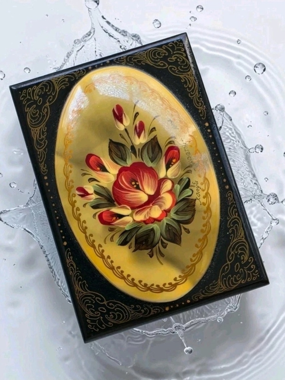 Vintage Russian Lacquer Box Hand Painted Floral Folk Art Black Red Trinket Box